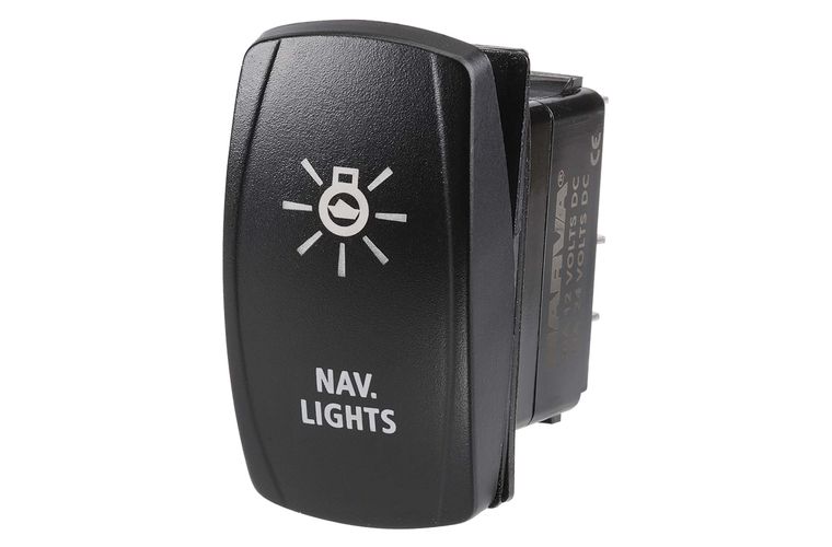 12/24V OFF/ON LED ILLUMINATED SEALED ROCKER SWITCH WITH "NAV LIGHTS" SYMBOL (BLUE)